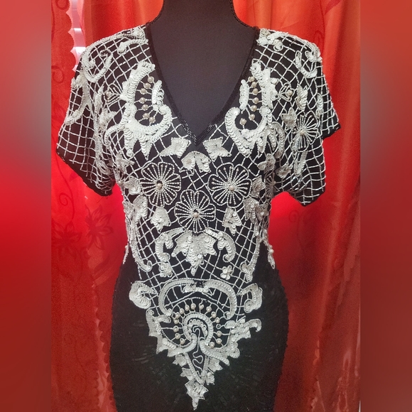 Vintage 80s Black and White beaded sequin dress size M - Picture 2 of 6